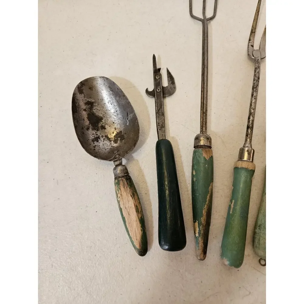 Vintage Kitchen Utensil Lot Wood Handle Scoop Forks Strainer Melon Baller Opener